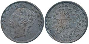Victoria Queen, Silver ¼ Rupee, 1840, continuous legend, Calcutta Mint, Indian head, incus