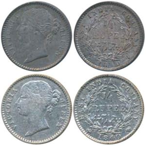 Victoria Queen, Silver ¼ Rupee, 1840, divided legend, Calcutta / Bombay Mint, WW raised, 1