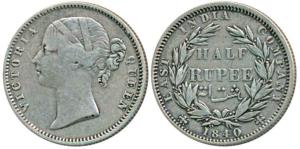 Victoria Queen, Silver ½ Rupee, 1840, divided legend, Calcutta / Bombay Mint, WW incuse, 2