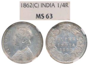 Victoria Empress, Silver ¼ Rupee, 1862, Calcutta Mint. Graded by NGC MS63.