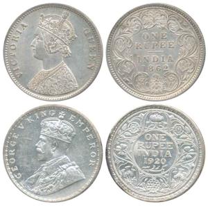 Victoria Queen, Silver Rupee, 1862; George V, Silver Rupee, 1920. The first About Uncircul