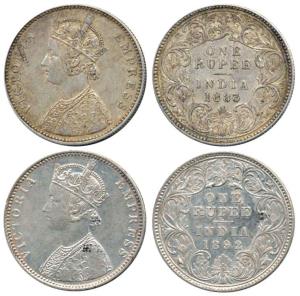 Victoria Empress, Silver Rupee, 1883, A3 / I / ’B’ raised; 1892, C2 / I / ’B’ raised. Very