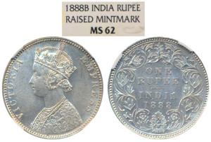Victoria Empress, Silver Rupee, 1888, Bombay Mint, C2 / I / B raised. Graded by NGC MS62.
