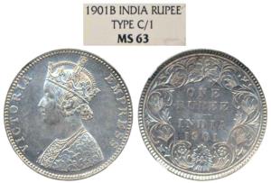 Victoria Empress, Silver Rupee, 1901, Bombay Mint, B incuse. Graded by NGC MS63.