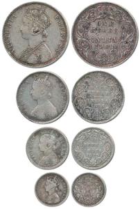 Victoria Empress, Set of 4, Silver Rupee, ½, ¼ and 2 Annas, 1901 Bombay Mint; 1894 Bombay 