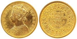 Victoria Empress, Gold Rupees 5, 1879, Calcutta Mint, (Prid 45; SW 6.26). Proof Restrike, 