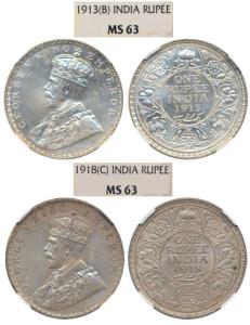 George V, Silver Rupee, 1913 Bombay Mint; 1918, Calcutta Mint. Graded by NGC MS63. (2)