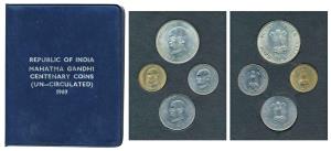 1969 Uncirculated Set, Gandhiji Birth Centennial, set of 4, 20 Paise to Rupees 10. In imma