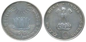 Silver Rupees 10, 1970, Bombay Mint, Food for All (KM 186). Proof Like, Uncirculated.