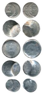 Error coins (5), Cupro-Nickel Rupees 5; Cupro-Nickel Rupees 2; Steel Rupee; Steel 25 Paise
