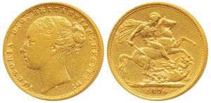 Australia, Victoria, Gold Sovereign, 8g, 1876, Young head, Sydney Mint (KM 7). Very Fine+.