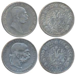 Austria, Silver 5 Corona (2), 1900 and 1909, two different busts of Franz Joseph I, one wi