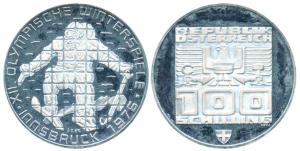Austria, Silver 100 Schilling, 23.93g, 1976, Winter Olympics (KM 2928). Uncirculated.
