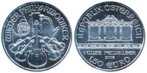 Austria, Silver 1.50 Euro, 31.1g, 2015, Austrian Philharmonic coin with a string bass, cel
