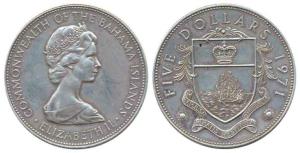 Bahamas, Elizabeth II, Silver 5 Dollars, 42.12g, 1971, rev. national arms, date and value.