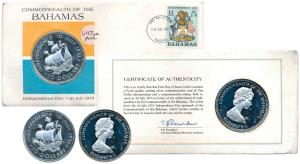 Bahamas, Elizabeth II, Silver 10 Dollars, 49.7g, 1973, with postage stamp / First day cove