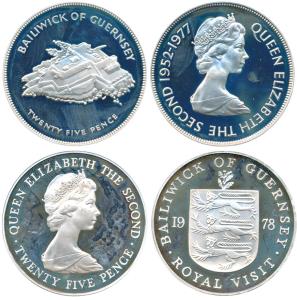 Bailiwick of Guernsey, Elizabeth II, Silver 25 Pence (2), 28.28g, 1977, 25th Anniversary o