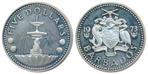 Barbados, Silver 5 Dollars, 31.1g (one ounce), 1973, obv. National Flag, rev. Shell Founta