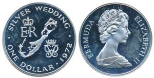 Bermuda, Elizabeth II, Silver 1 Dollar, 28.28g, 0.500 Silver, 1972, Silver Wedding Anniver