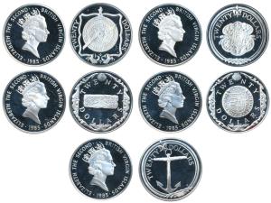 British Virgin Islands, Elizabeth II, Silver 20 Dollars (5), 19g, 1985, all different reve