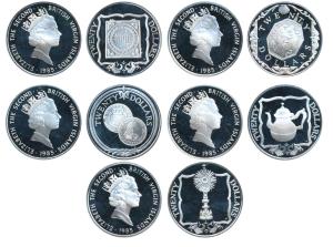 British Virgin Islands, Elizabeth II, Silver 20 Dollars (5), 19g, 1985, all different reve
