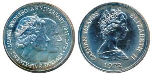 Cayman Islands, Silver $ 25, 51.35g, 1972, 25th Wedding Anniversary of Queen Elizabeth II 