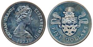 Cayman Islands, Silver $ 5, 35.50g, 1973, arms of the state with motto He Hath Founded it 