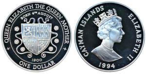 Cayman Islands, Elizabeth II, Silver Dollar, 28.28g, 1994, rev. the Queen Mother born on 4