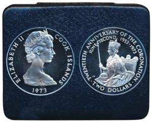 Cook Islands, Proof Silver 2 Dollars, 25.7g, 1973, 20th Anniversary of the Coronation of Q