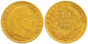 France, Napoleon III, Gold 10 Francs, 3.15g, Paris Mint, 1864 (KM 800.1). Very Fine.