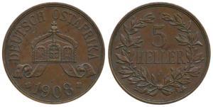 German East Africa, Bronze 5 Heller, 19.76g, 1908 J, (KM 11). Extremely Fine, Scarce.