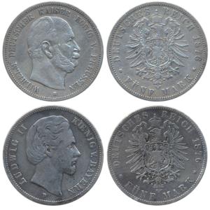 Germany, Bavaria, Ludwic II, Silver 5 Mark, 1876; Prussia, Wilhelm, Silver 5 Mark, 1876 (K