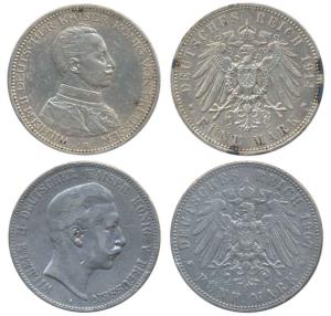 Germany, Prussia, Wihelm II, Silver 5 Mark, 1907 and 1914, two different bust varieties, t