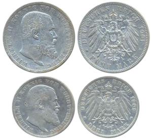 Germany, Wurttemberg, Wihelm II, Silver 3 and 5 Mark, Freudenstadt Mint, 1909 and 1901 (KM