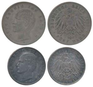Germany, Bavaria, Otto, Silver 3 and 5 Mark, 1913 and 1900 (KM 996 & 915). Very Fine to Ve