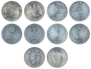 Germany, Silver 10 Mark (5), all different 1972 Munich Olympics, FOLRTIS CITIVS ALTIS on e