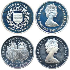 Gibraltar, Elizabeth II, Silver 25 Pence, 28.28g (2), 1972, Silver Wedding Anniversary; 19