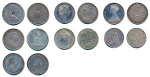 Great Britain, Silver Crowns (7), George III, Silver Dollar, an oval countermark of George