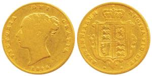 Great Britain, Victoria Queen, Gold ½ Sovereign, 4g, 1842, Young head, shield on rev. (KM 