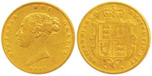 Great Britain, Victoria Queen, Gold ½ Sovereign, 4g, 1855, Young head, shield on rev. (KM 