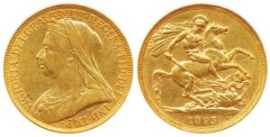 Great Britain, Victoria Queen, Gold 2 Pounds, 16g, 1893, Veiled head, St. George slaying a