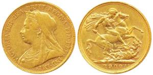 Great Britain, Victoria, Gold Sovereign, 8g, 1900, Veiled head, (KM 785). Very Fine+.