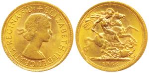 Great Britain, Queen Elizabeth, Gold Sovereign, 8g, 1966, laureate head. About Extremely F