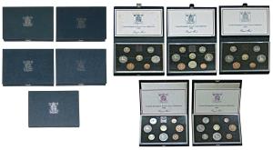 Great Britain, Elizabeth II, Proof Set (5), 1 Pound to Penny, set of 7 coins, 1985 and 198