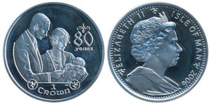 Isle of Man, Elizabeth II, Silver Crown, 28.28g, 2006, 80th Birthday of the queen, King Ge
