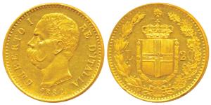 Italy, Umberto I, Gold 20 Lire, 6.45g, Rome Mint, 1882, star above crowned shield within w