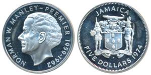Jamaica, Norman Manley (a Jamaican statesman), Silver 5 Dollars, 37.6g, 0.500 Silver, 1974