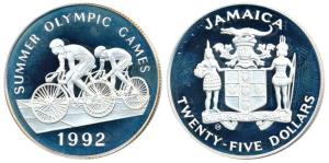 Jamaica, Elizabeth II, Silver 25 Dollars, 23.33g, 1992, Summer Olympic Games, rev. bicycli