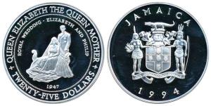 Jamaica, Silver 25 Dollars, 31.47g, 1994, Royal Wedding of Elizabeth and Philip in 1947 (K