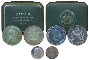 Malawi, Copper Nickel Crown, 1966; Zambia, Copper Nickel 5 Shillings, 1965, 1st Anniversar